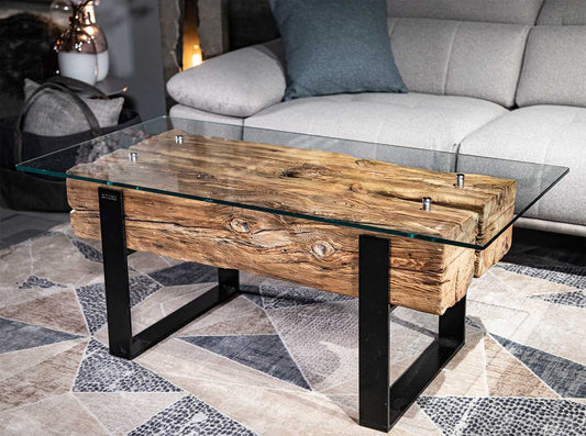 Handmade Rustic Coffee Table Chucky Oak Beams Glass top
