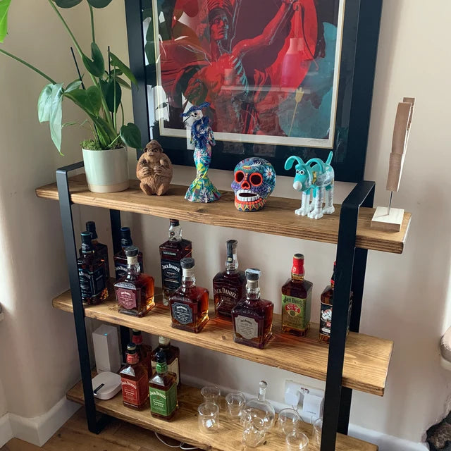 Book case | Shelving unit | Room divider | Bar | free standing | made from reclaimed scaffold boards flat bar steel